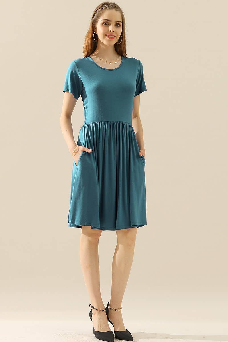 CWDSD10374_CREWNECK SHIRRED FLOWY SWING SHORT SLEEVE DRESSES