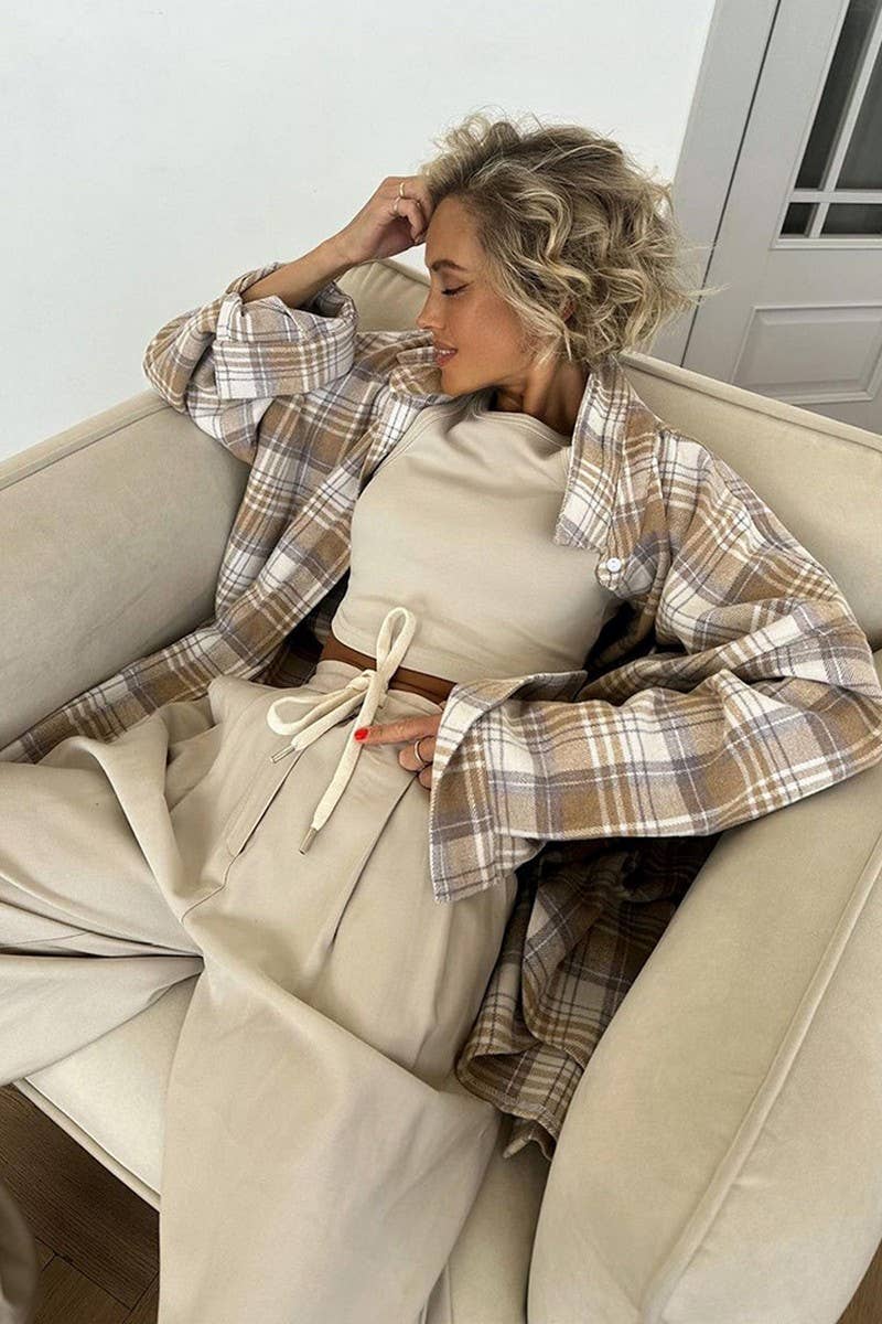 CWTSTL903_CASUAL LOOSE PLAID LONG-SLEEVED SHIRT