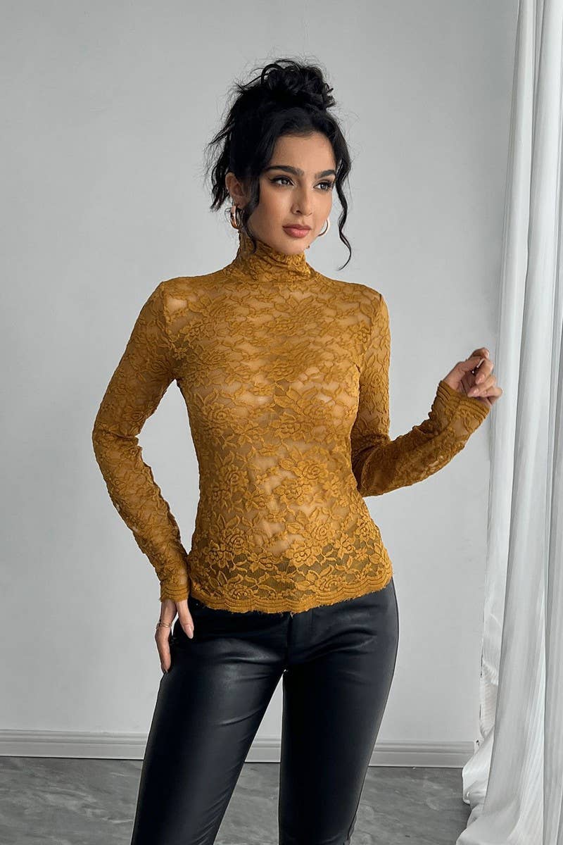 CWTBLL3507_HIGH COLLAR LACE LONG SLEEVE BOTTOMING TOP