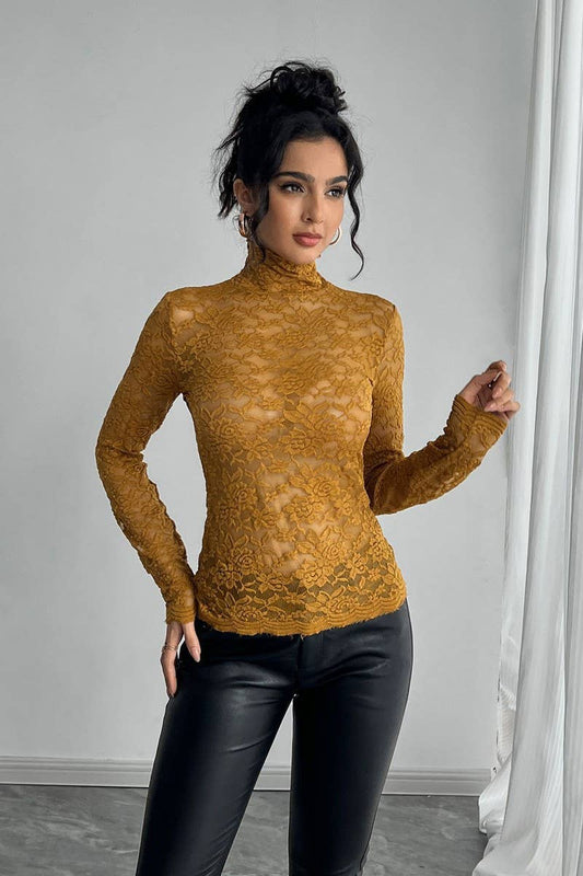 CWTBLL3507_HIGH COLLAR LACE LONG SLEEVE BOTTOMING TOP