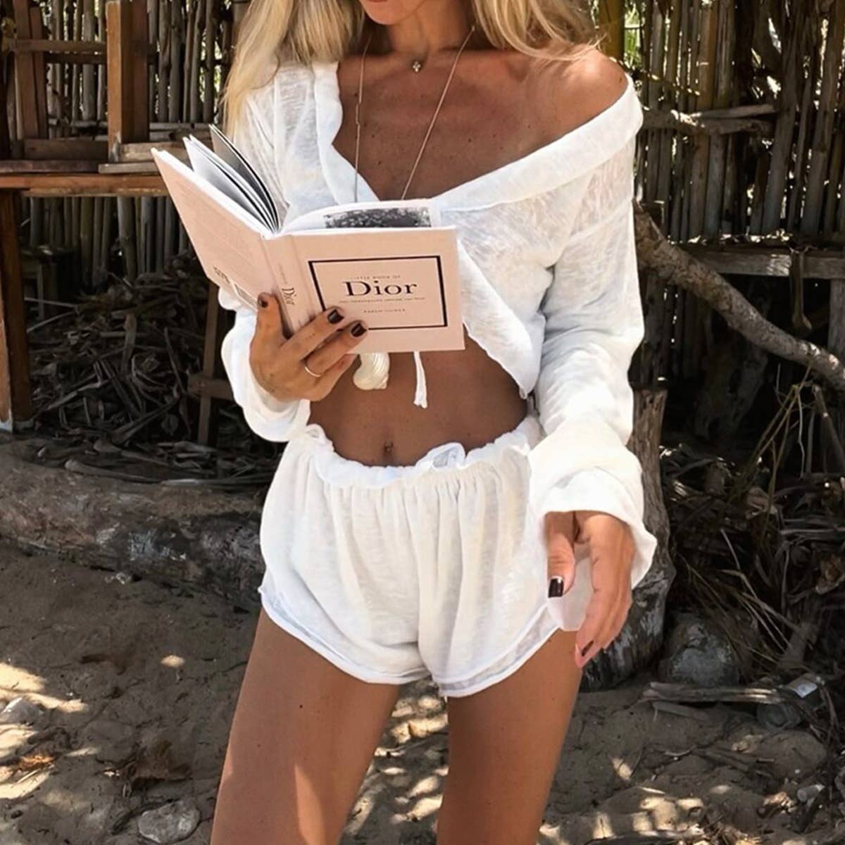 Cardigan lace-up shorts long-sleeved suit