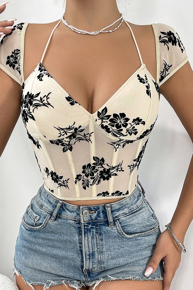 CWTBLS1664_TRANSPARENT LOW-CUT LACE-UP FLOCKED SHORT VEST