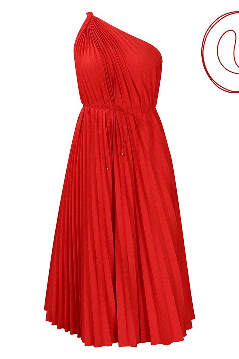 CWDSD10889_2023 SUMMER PLUS SIZE ONE SHOULDER PLEATED DRESS