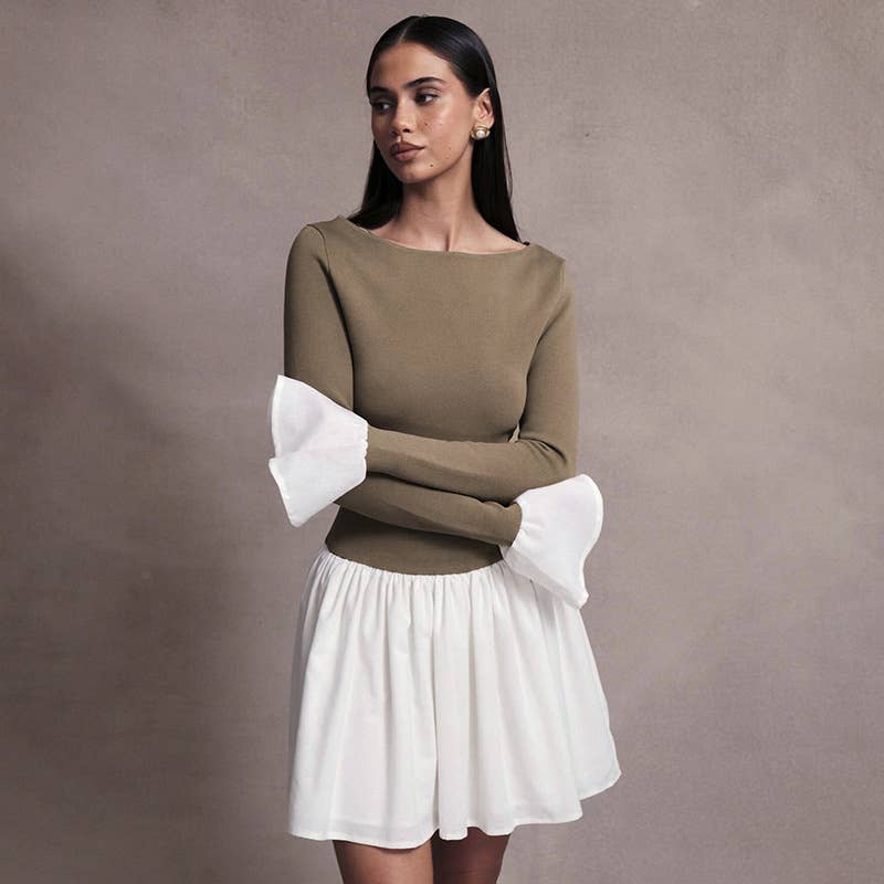 COLOR CONTRAST SPLICING SEXY LONG SLEEVE DRESS