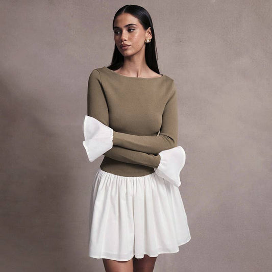 COLOR CONTRAST SPLICING SEXY LONG SLEEVE DRESS