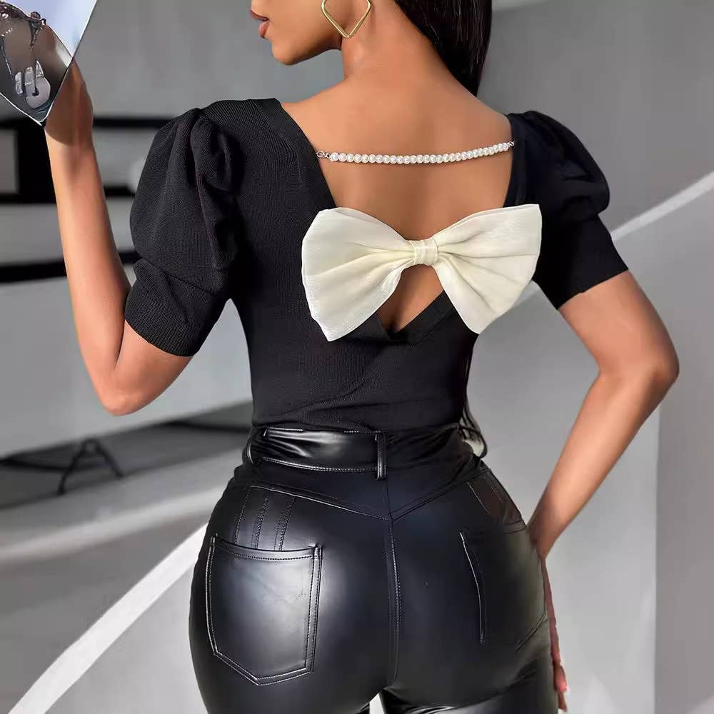Bow short sleeve back design crew-neck top