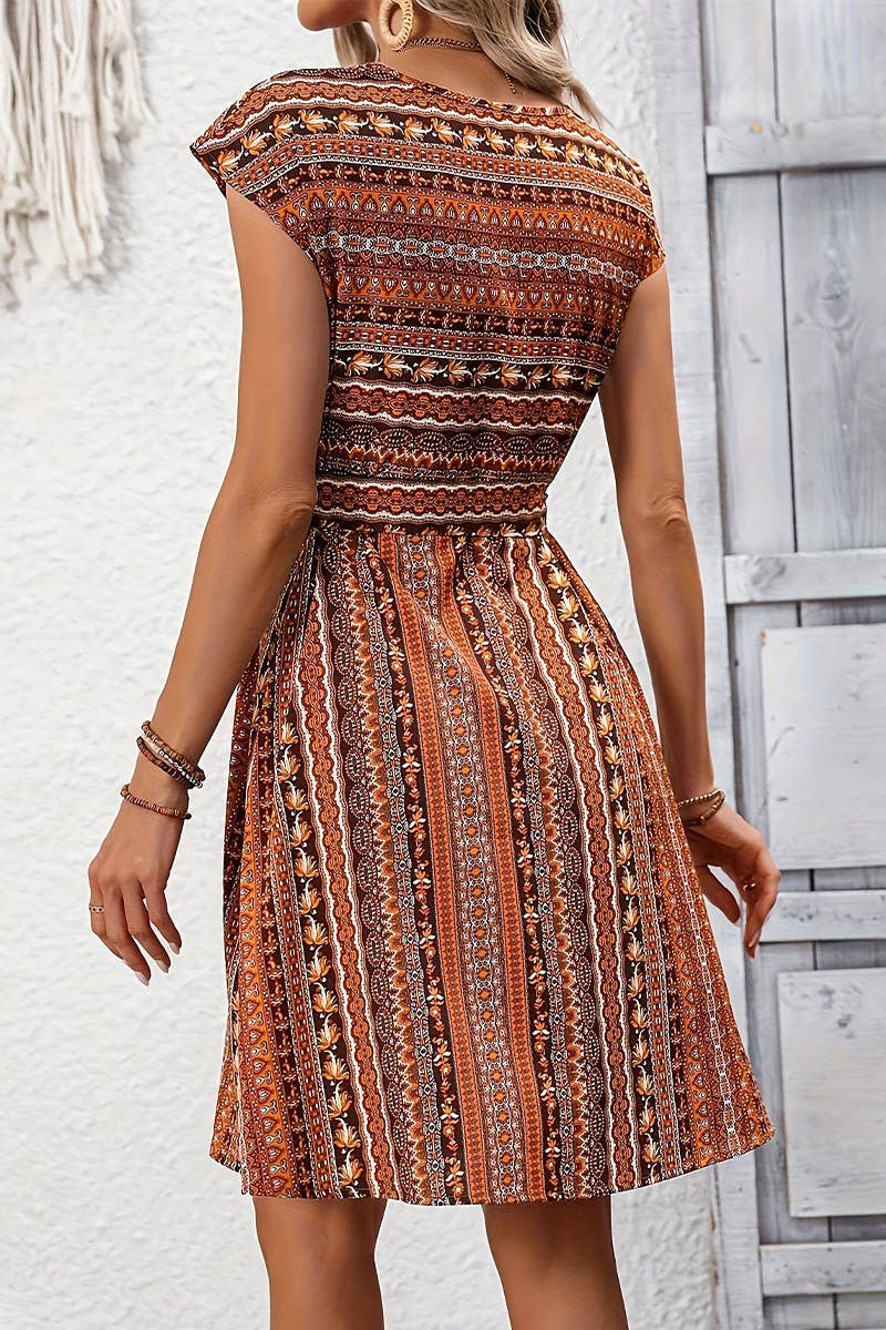 CWDMD5343_BOHO PRINT STRIPED BELTED A-LINE DRESS