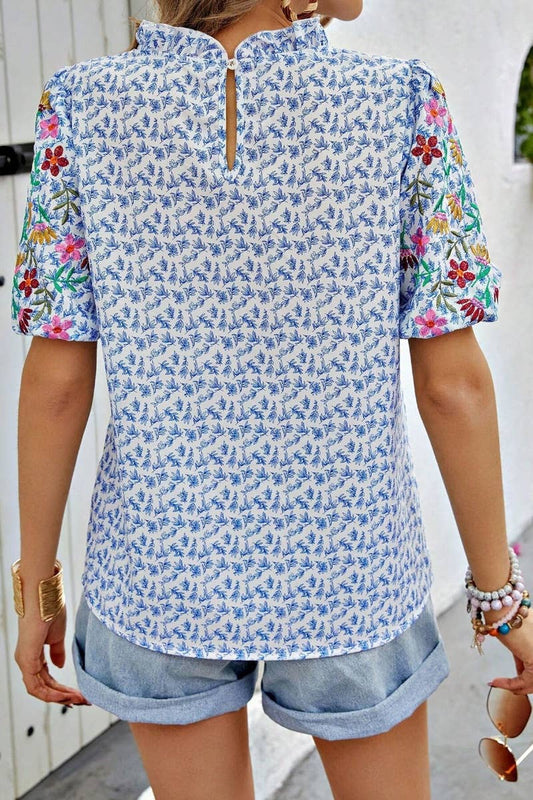 CWTBLS1126_SUMMER PRINT SHORT SLEEVED TOP WITH WAVY NECK