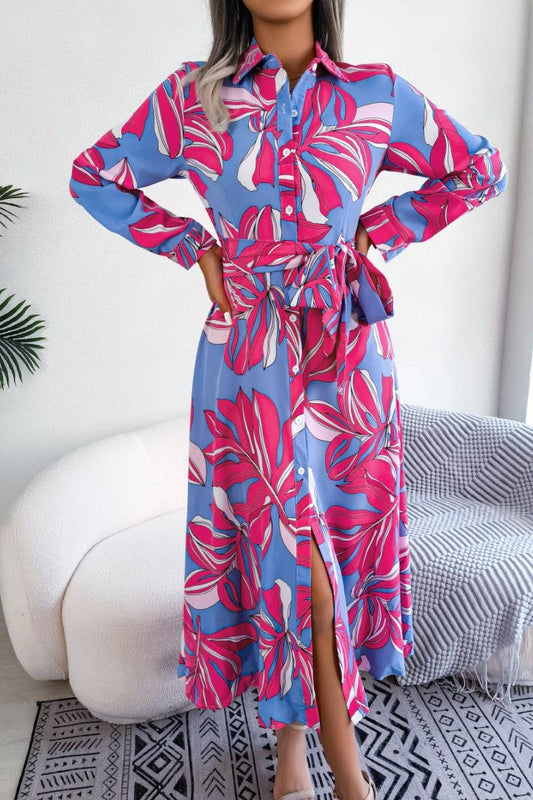 CWDMD2650_COLORFUL FLOWER LAPEL LACE-UP SHIRT LONG DRESS