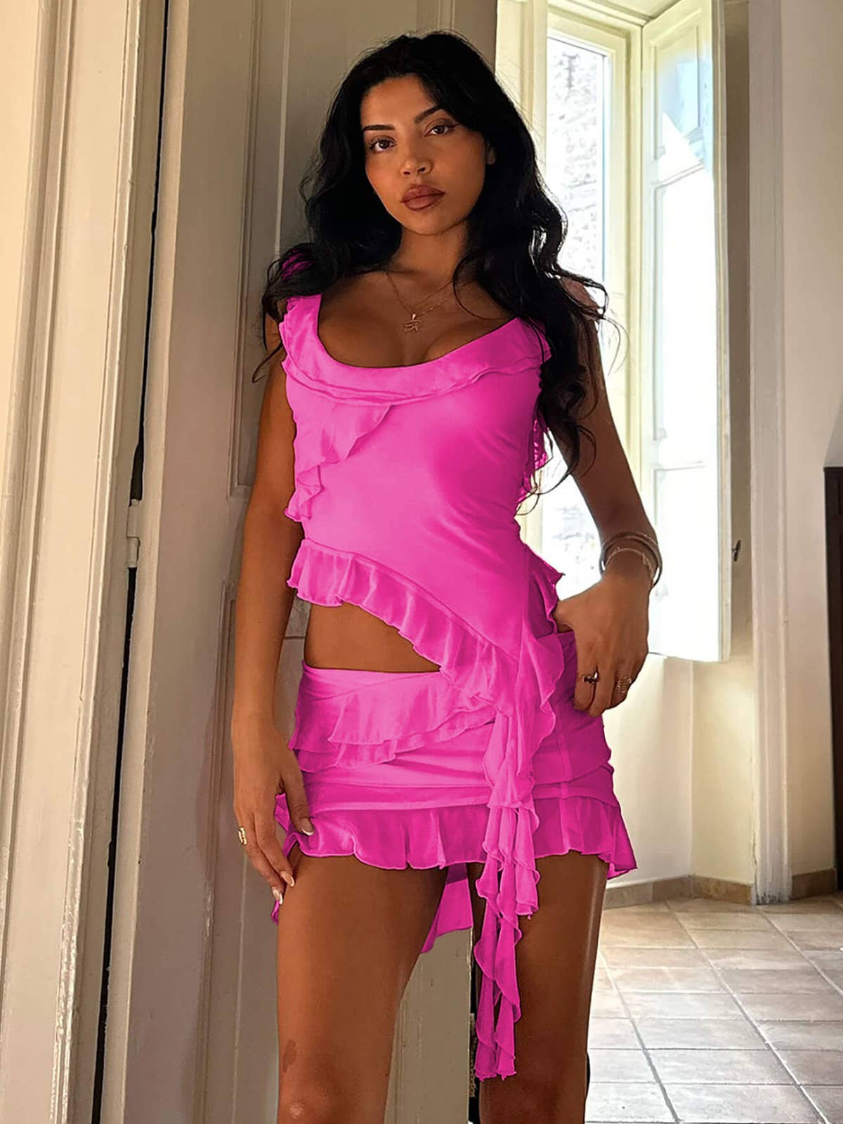 Chiffon deep neck irregular vest short skirt set