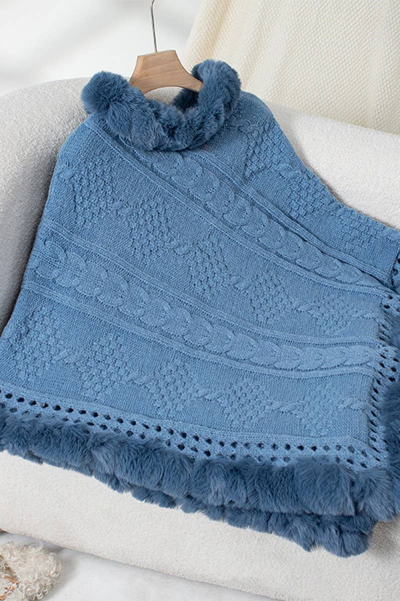 CWOSWS0093_FAUX RABBIT FUR COLLAR CABLE SWEATER CAPE COAT