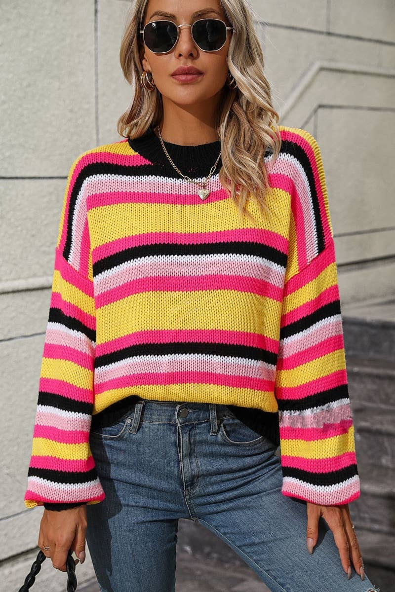 CWOSWL6487_FALL LONG-SLEEVED PATCHWORK STRIPED SWEATER