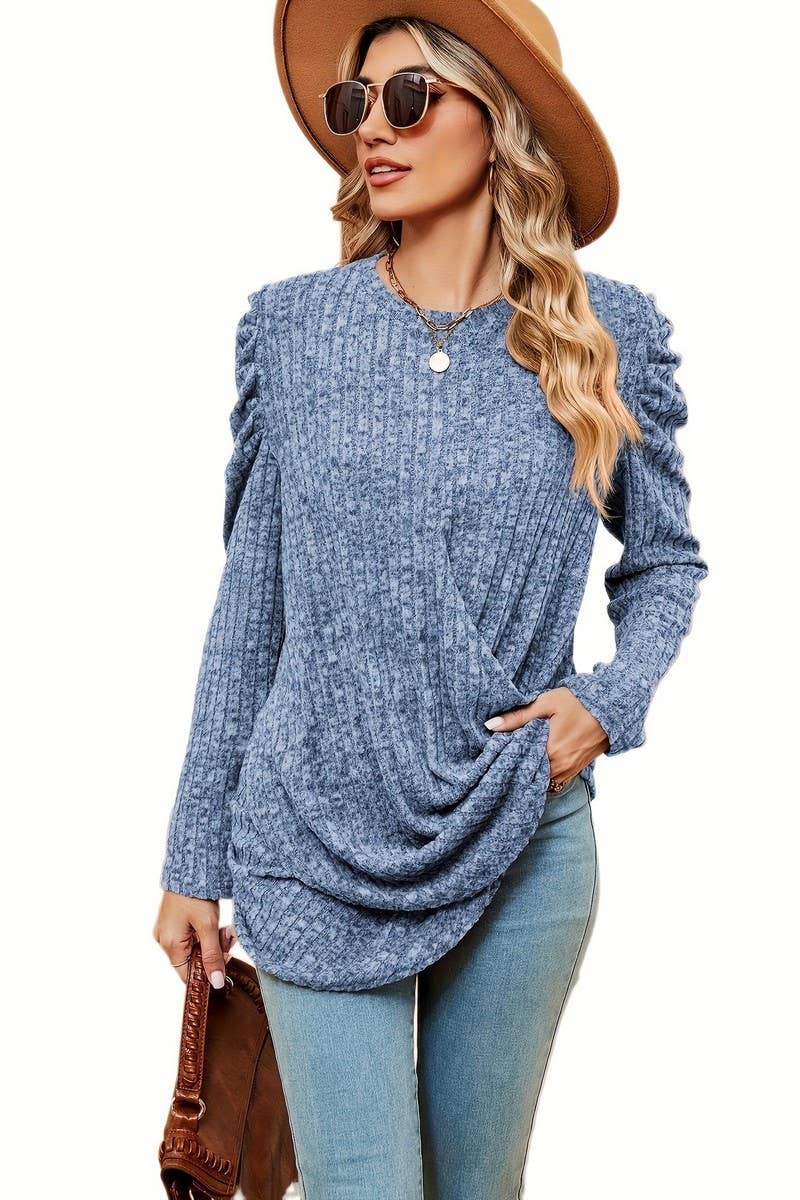 CWTBLL2403_ROUND NECK LONG SLEEVE TWISTED PUFF SLEEVE TOP