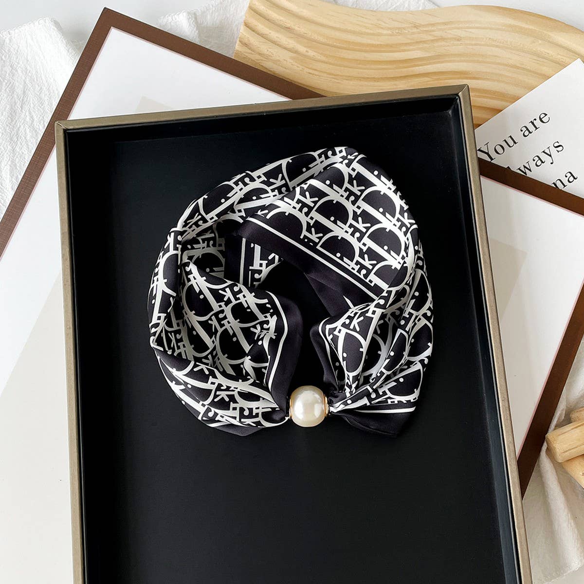 Silky Print Scarf Necklace ? Pearl Magnetic Clasp
