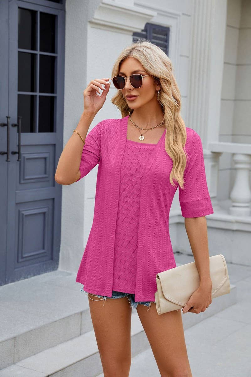 CWTBLS0441_Short Sleeve Tops Fake Two Pieces Pullover Blouse