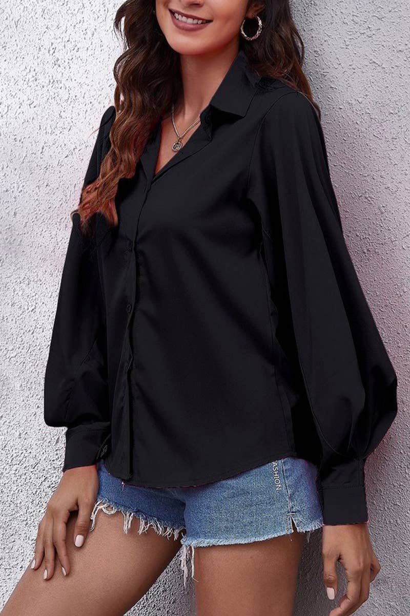 CWTBLL3758_SOLID COLOR LAPEL LANTERN SLEEVE CHIFFON SHIRT