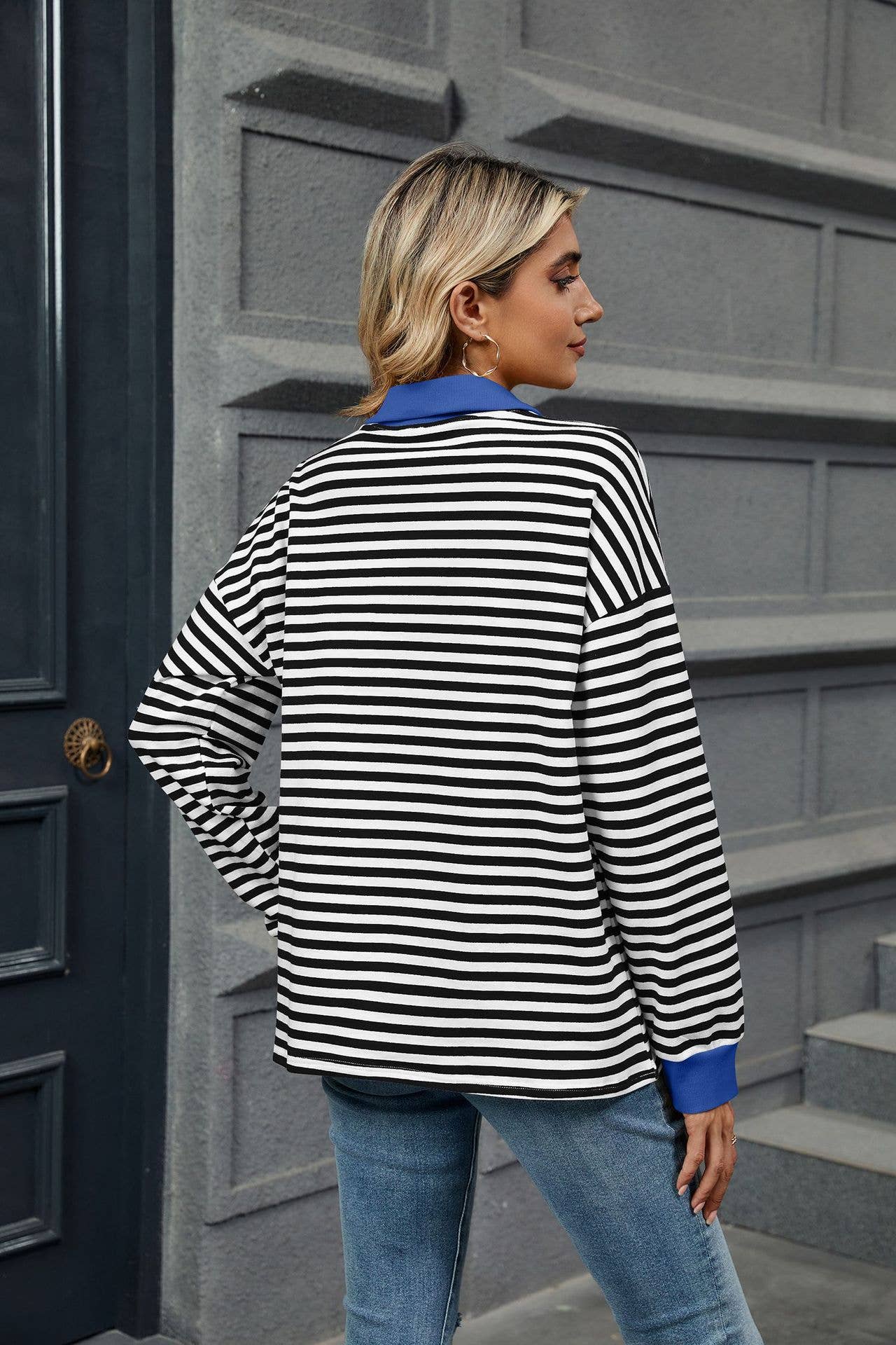Color-blocking lapel long-sleeved striped hoodie