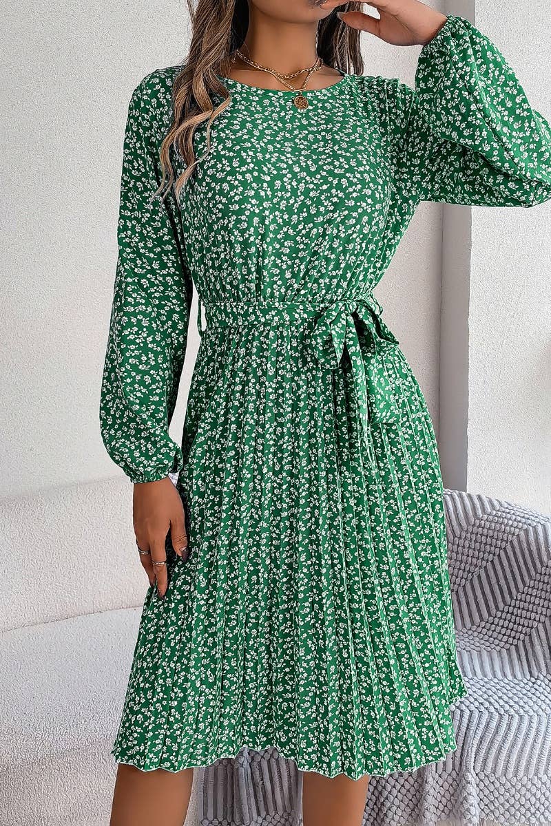 CWDSD4657_LONG-SLEEVED FLORAL PLEATED ONE-PIECE SKIRT