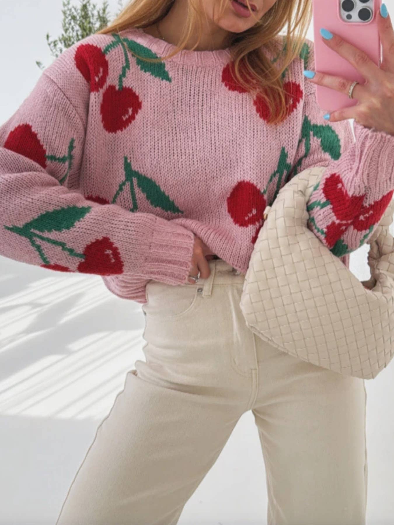 Cherry jacquard loose long sleeve knitted sweater