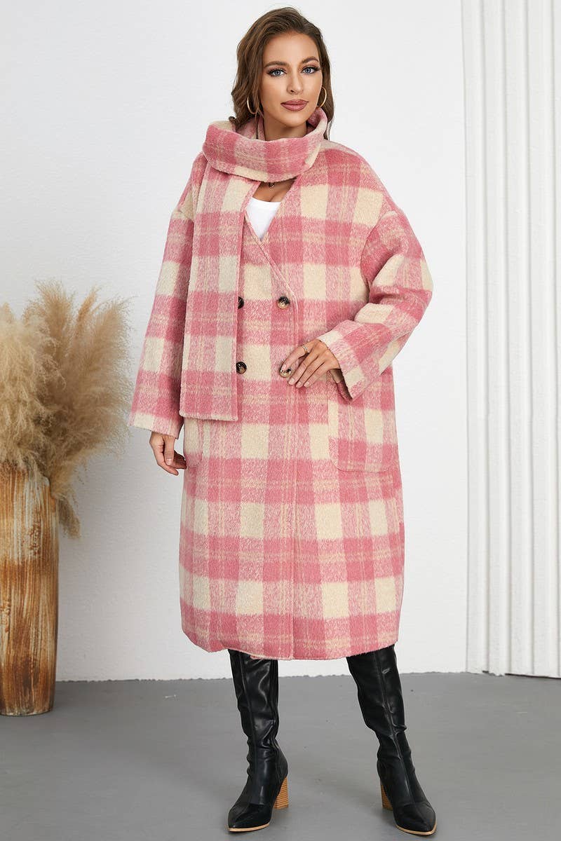 CWOCO0946_DOUBLE BREASTED PLAID V-NECK SCARF COAT