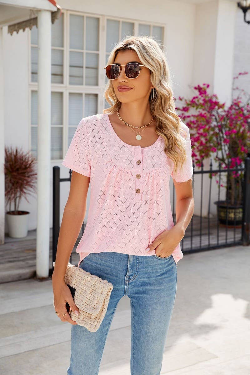 CWTBLS0435_Round Neck Short Sleeve Blouse