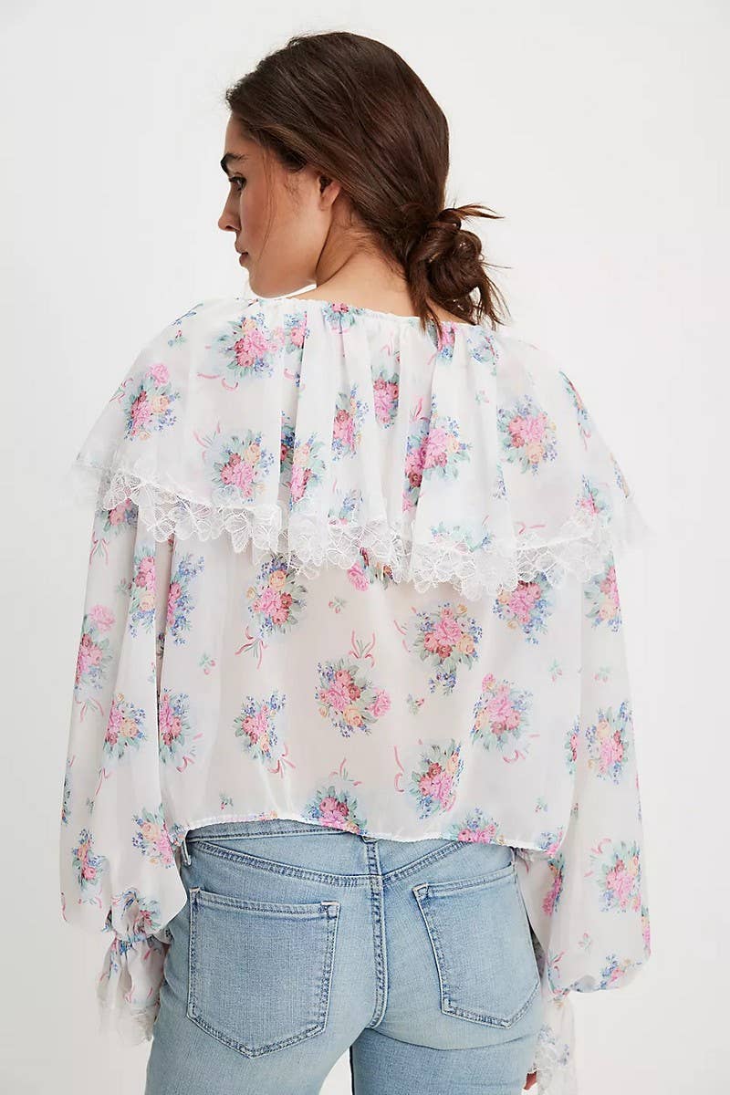 CWTTL01008_NEW SUMMER TIE WIDE FLOWER LACE CHIFFON SHIRT