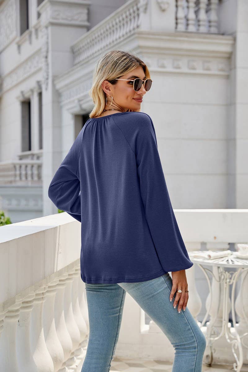 CWTBLL2413_SOLID COLOR LONGSLEEVE V-NECK PLEATED T-SHIRT TOP