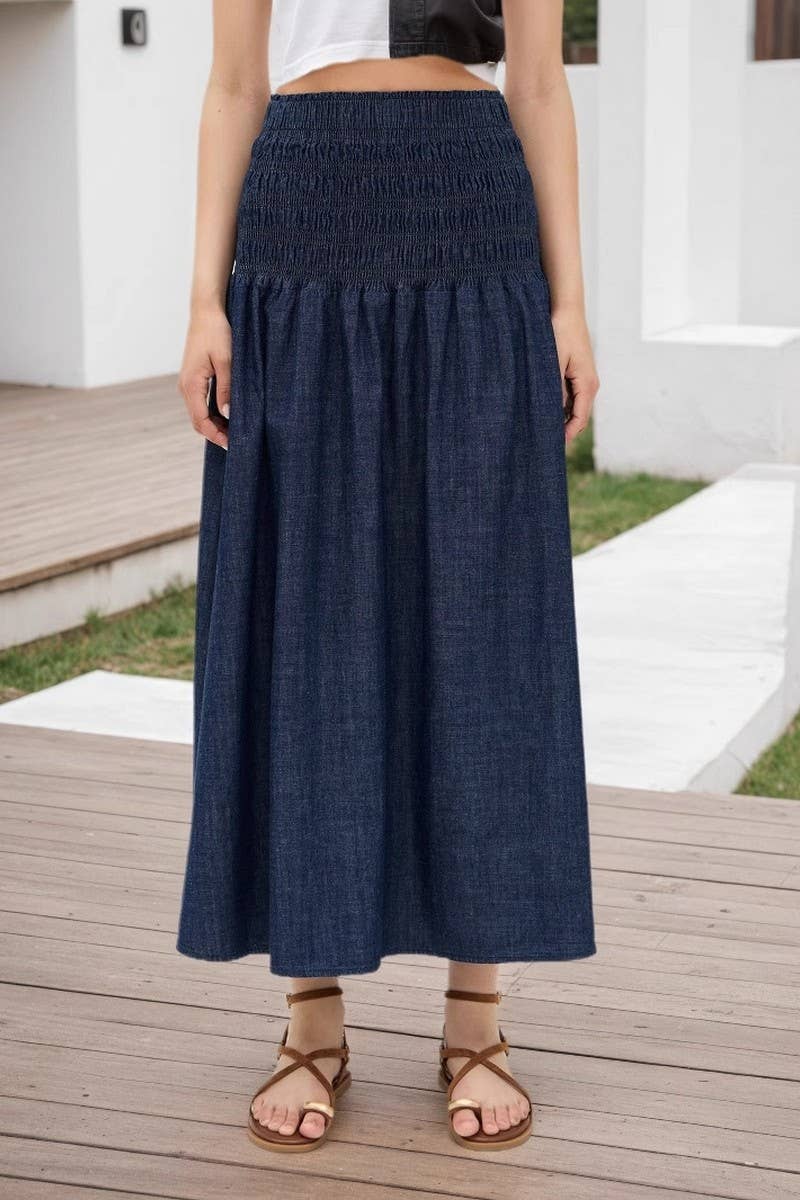 CWBLS0664_DARK BLUE HIGH WAIST RUFFLED DENIM SKIRT