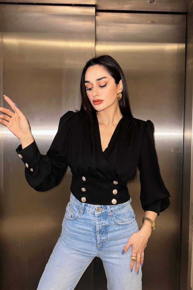 CWTBLL3693_V-NECK SEXY WAIST PUFF SLEEVE SOLID COLOR SHIRT