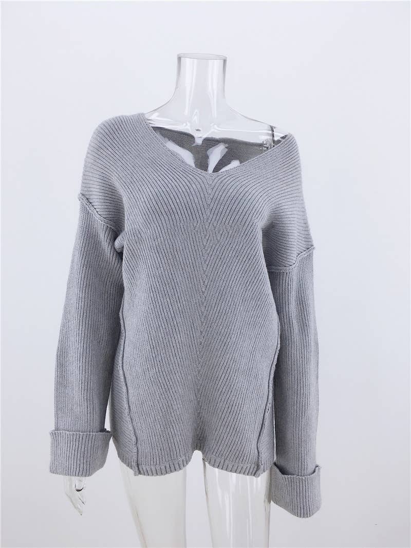 CWOSWL1406_V-Neck Long Sleeve Pullover Sweater