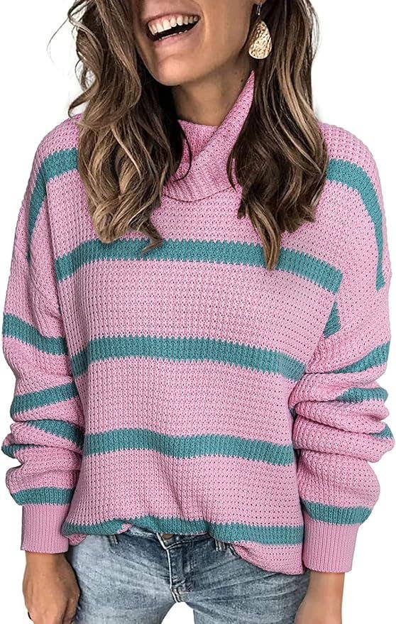 CASUAL TURTLENECK KNIT STRIPED PULLOVER SWEATER