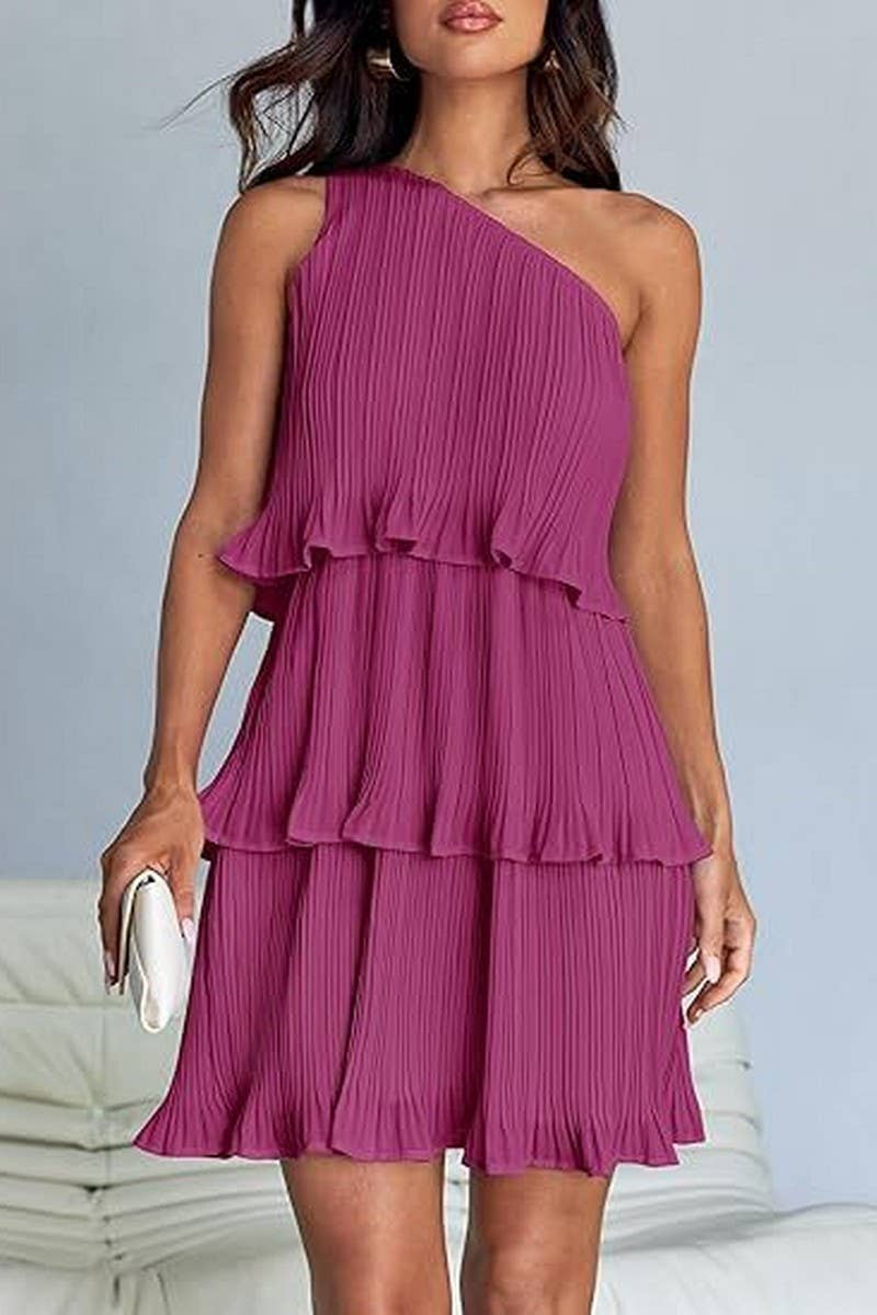 CWDSD7518_SUMMER OFF-SHOULDER LAYERED SOLID COLOR DRESS