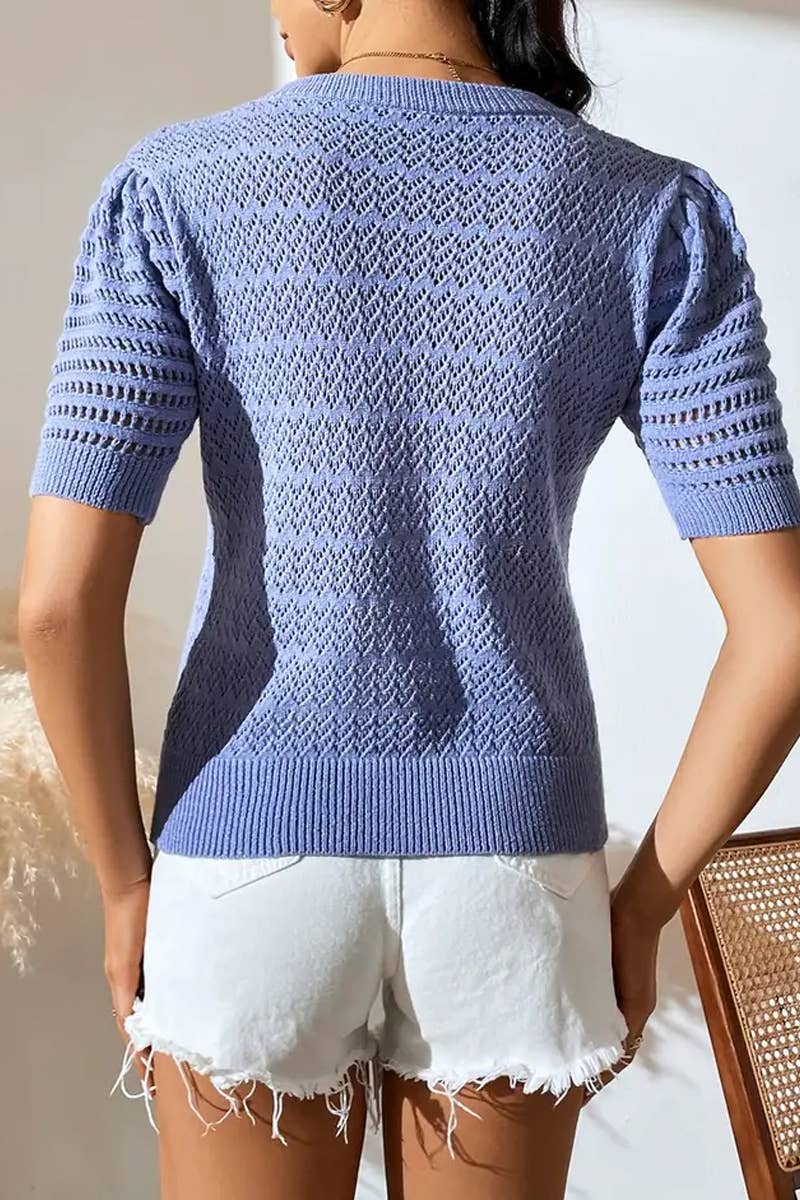 CWTBLS1766_SPRING AND SUMMER HOLLOW SOLID COLOR PULLOVER TOP