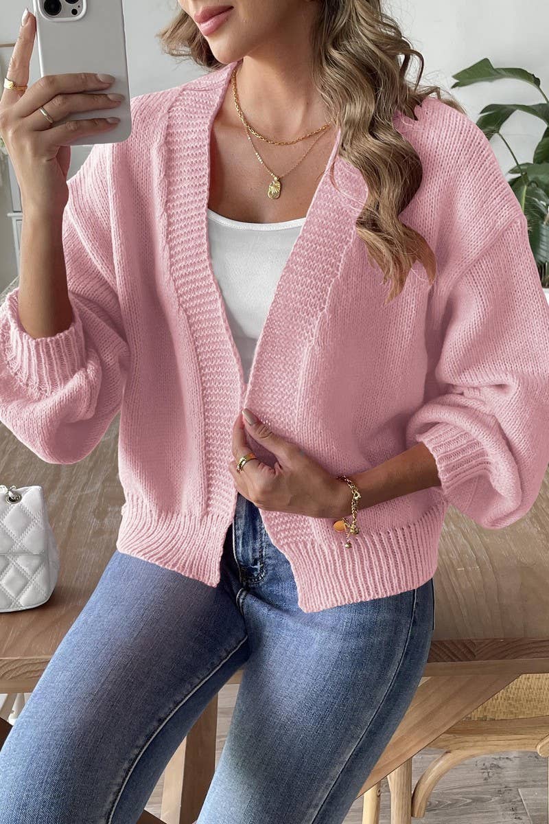 CWOSWL07398_WOMEN LANTERN SLEEVE KNIT CARDIGAN SWEATER