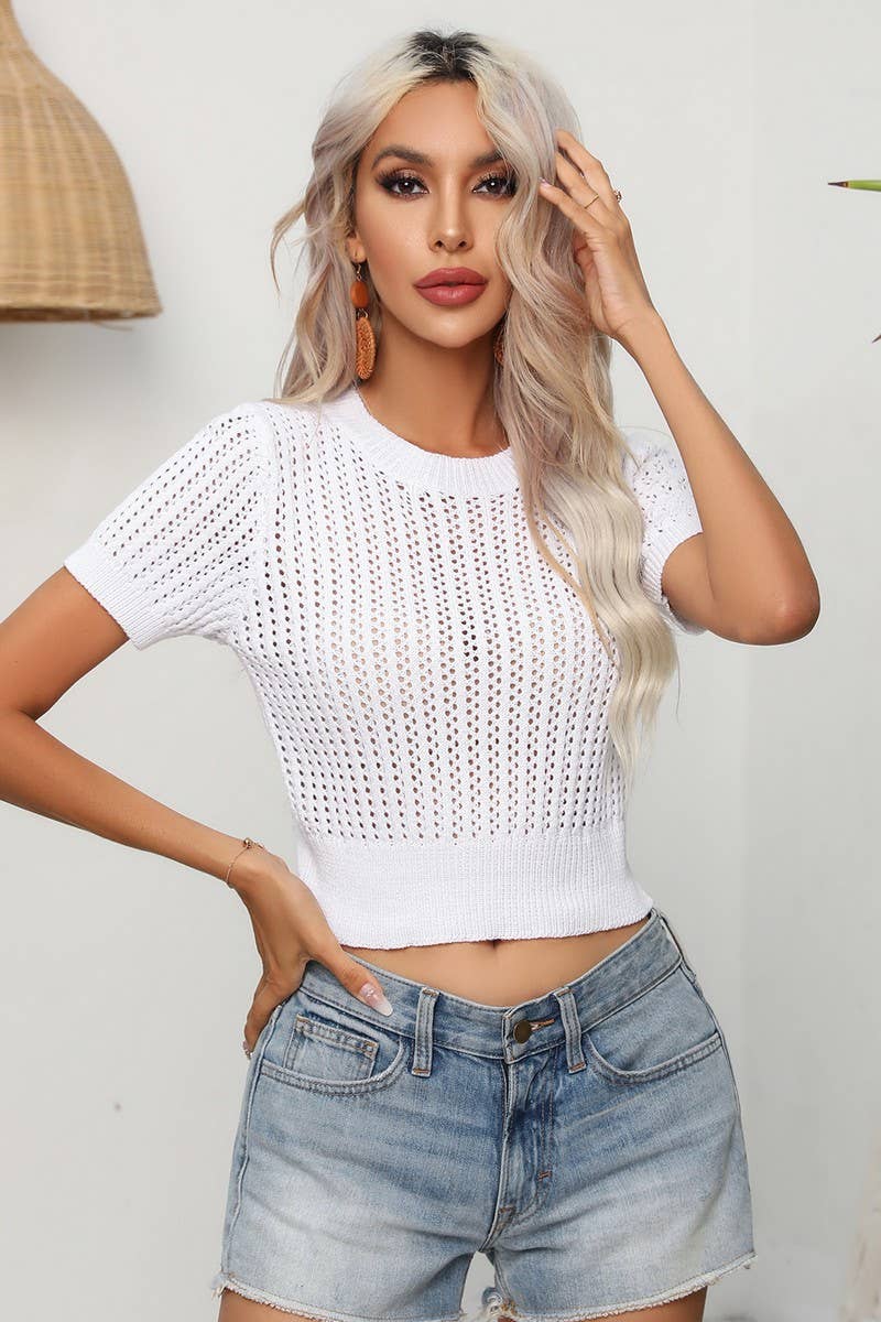 CWOSWS0064_Round Neck Short Sleeve Sweater Top