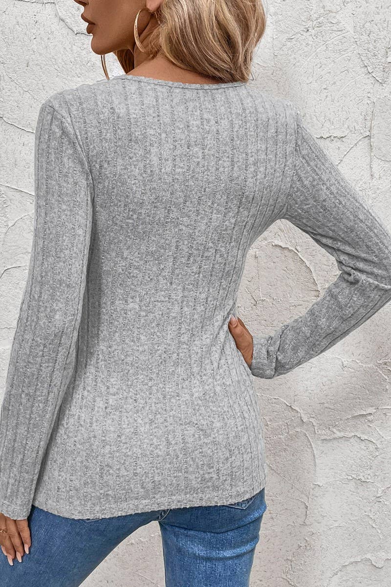 CWTBLL1759_SOLID COLOR STRIPED BRUSHED V-NECK T-SHIRT TOP