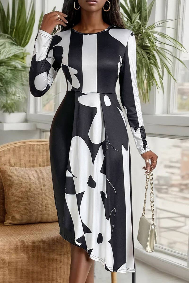 CWDMD4682_AUTUMN IRREGULAR PATTERN ROUND NECK SLIM DRESS
