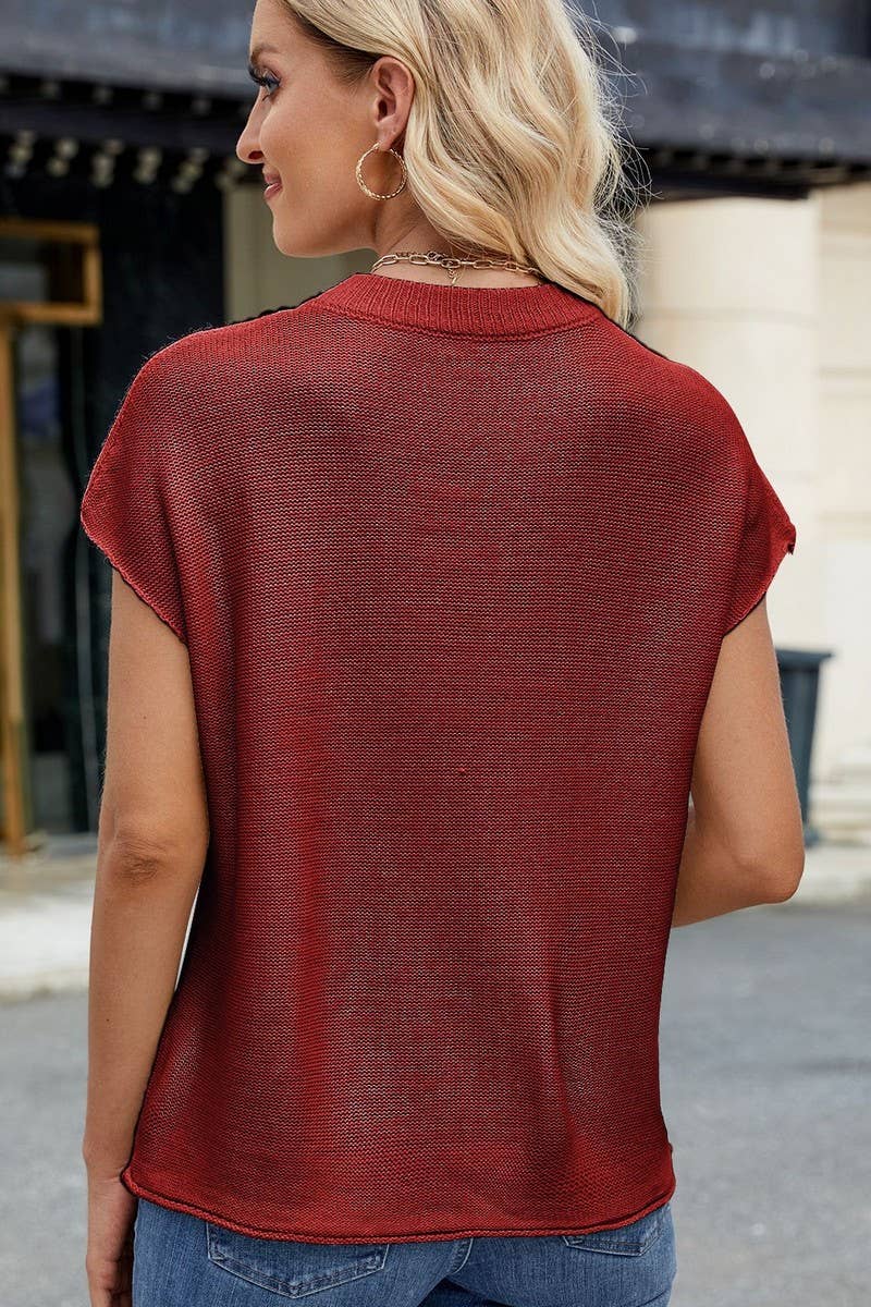 CWTBLS02492_CREW NECK SHORT-SLEEVED KNITTED VEST PULLOVER