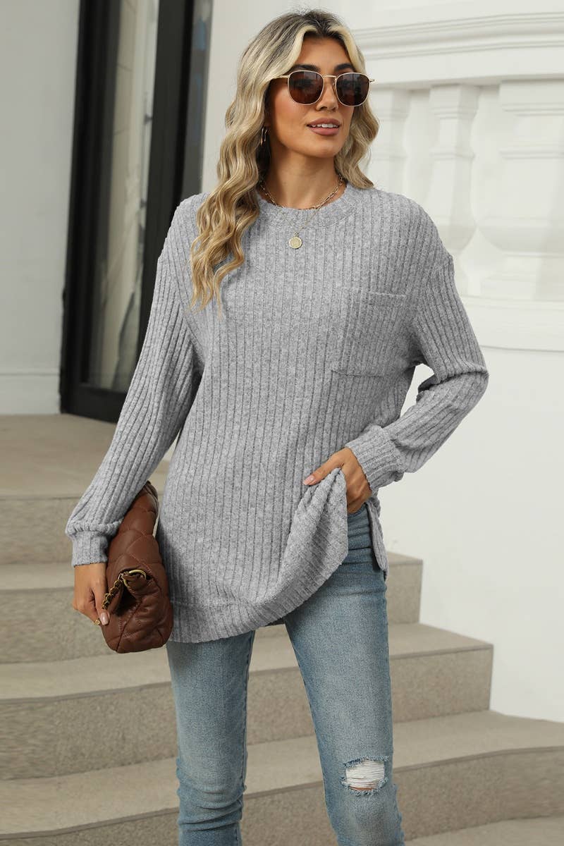 CWOSWL6608_WINTER POCKET CREW NECK LONG-SLEEVED SWEATER