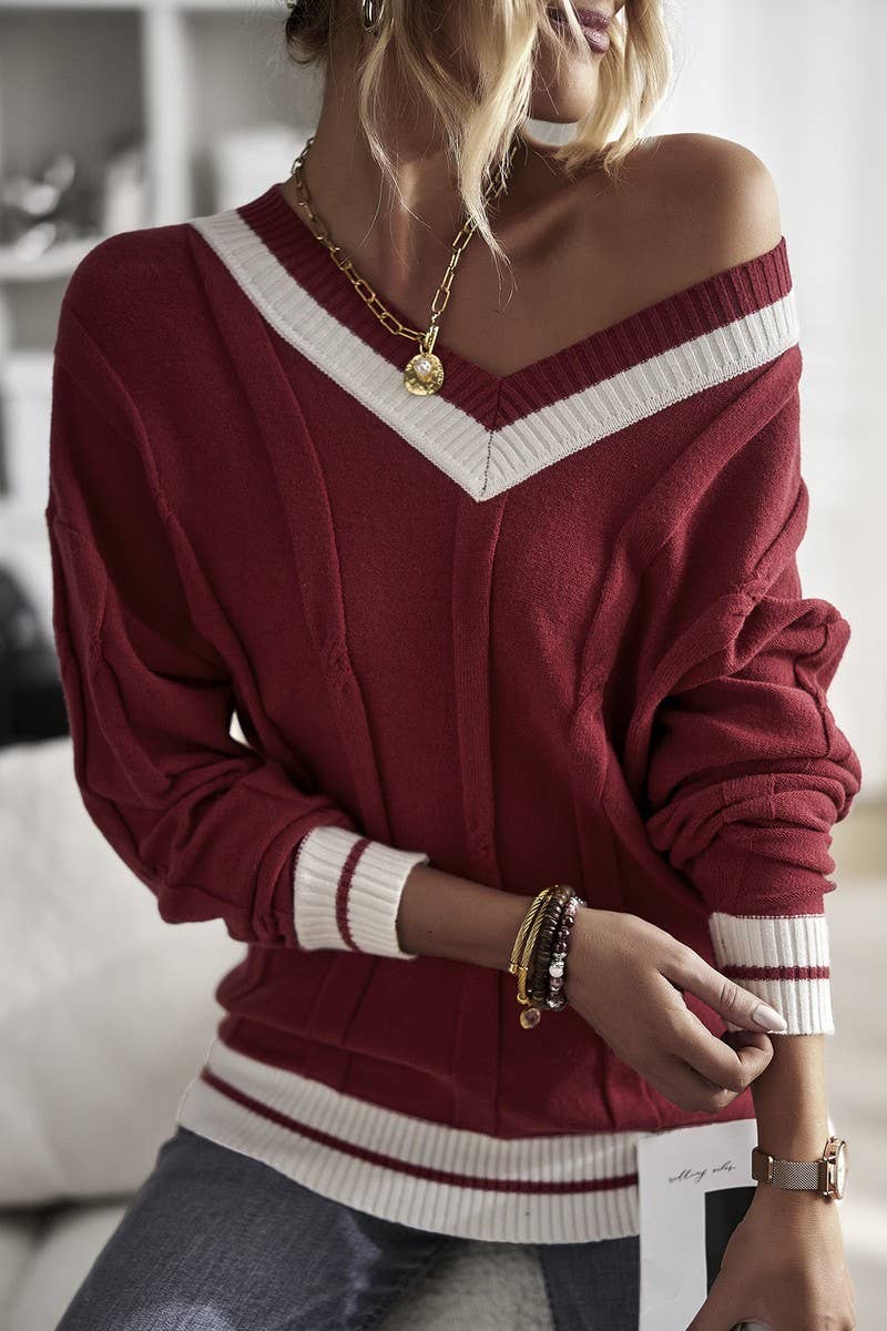 CWOSWL07520_MINIMAL V-NECK COLORBLOCK KNIT SWEATER