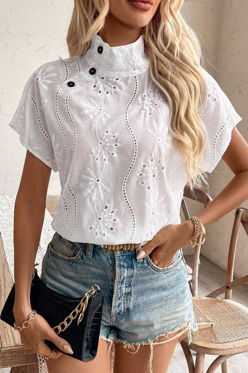 CWTBLS2232_SHORT SLEEVE HOLLOW OUT STAND COLLAR BUTTON SHIRT