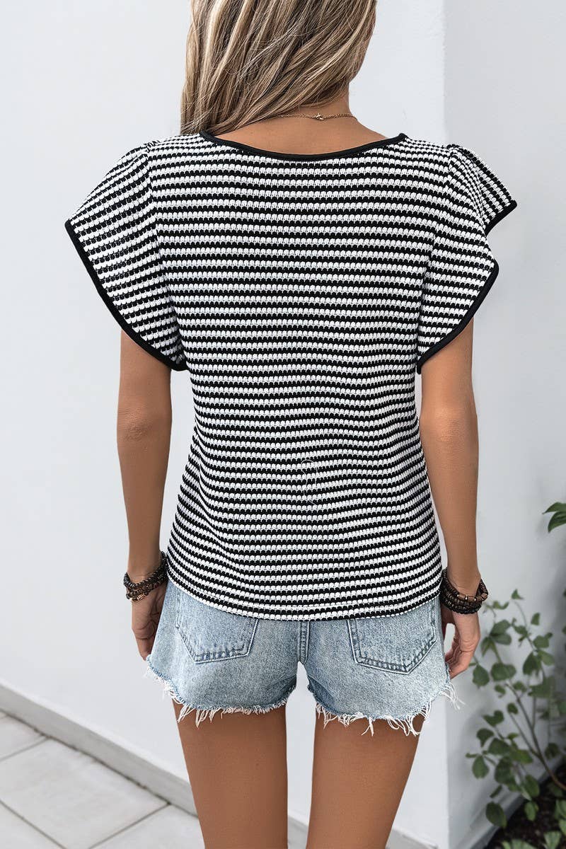 CWTBLS2145_BLACK AND WHITE STRIPED CREW NECK TEE TOP