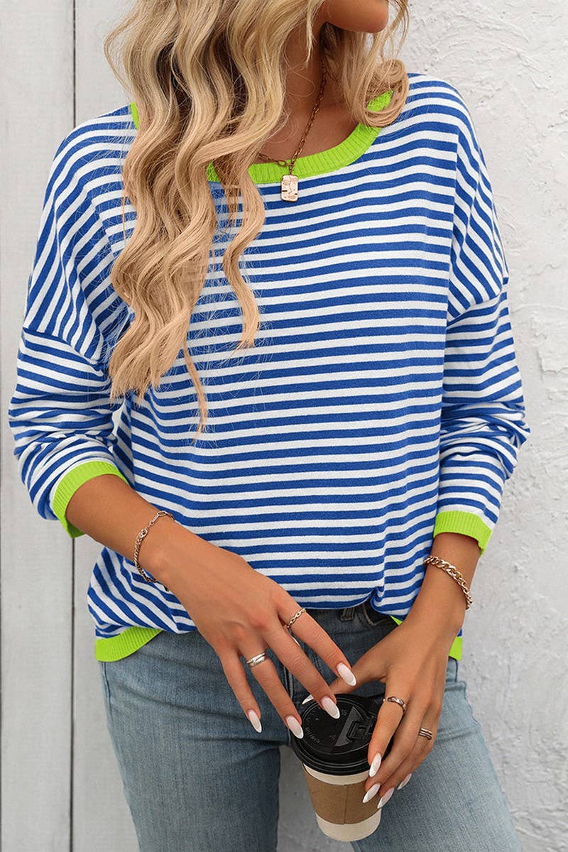 CWTBLL1486_CREW NECK STRIPED CONTRAST KNIT SWEATER