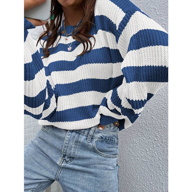 COLOR CONTRAST STRIPED CREW NECK LOOSE KNIT TOP