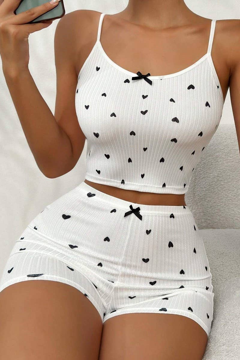 CWSPJ00495_HEART PRINT BOW TIE CAMI PAJAMA SET
