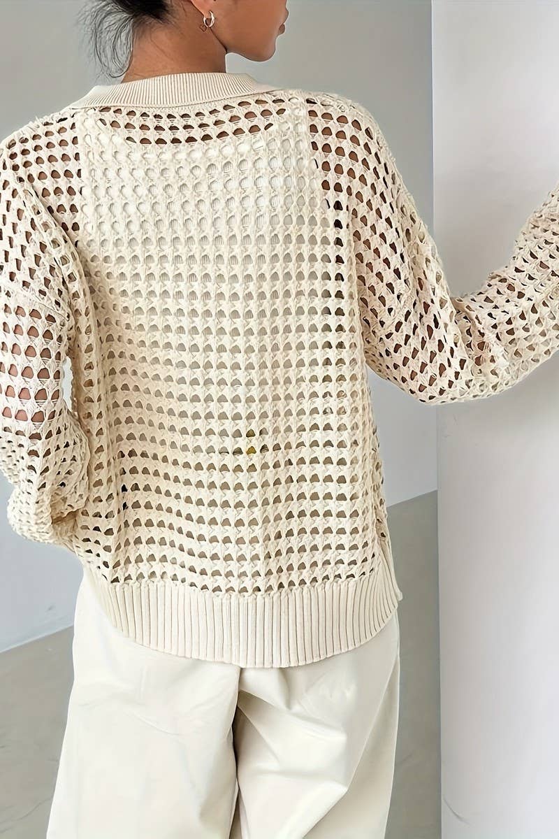 CWOCAL2285_WOMEN'S HOLLOW SOLID COLOR KNIT CARDIGAN