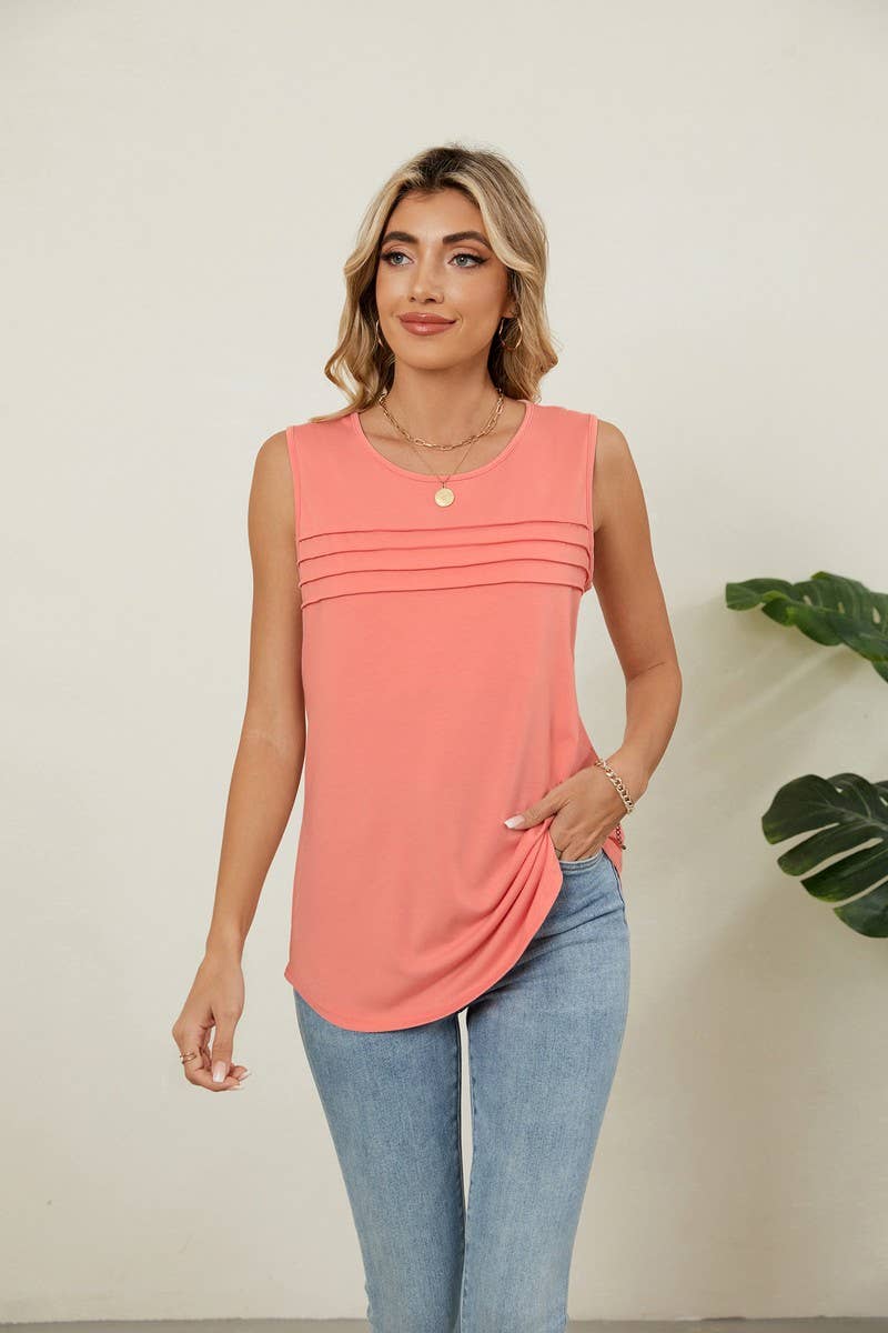 CWTBLSL0971_RUCHED SLEEVELESS CREWNECK SOLID TANK TOP