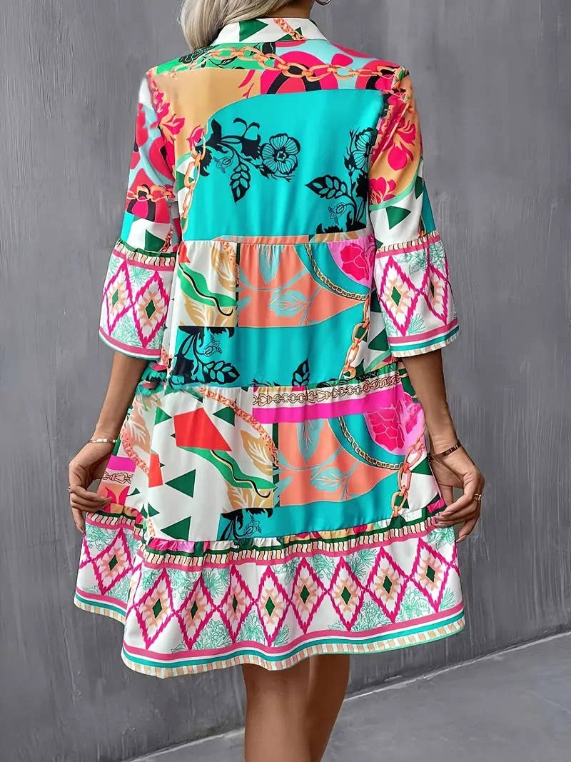 Abstract printed flared sleeve ruffled dress