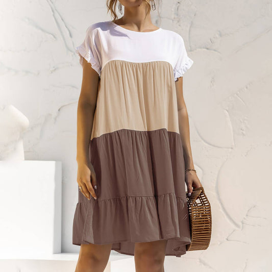 Color contrast baggy cake multi-layer hem dress