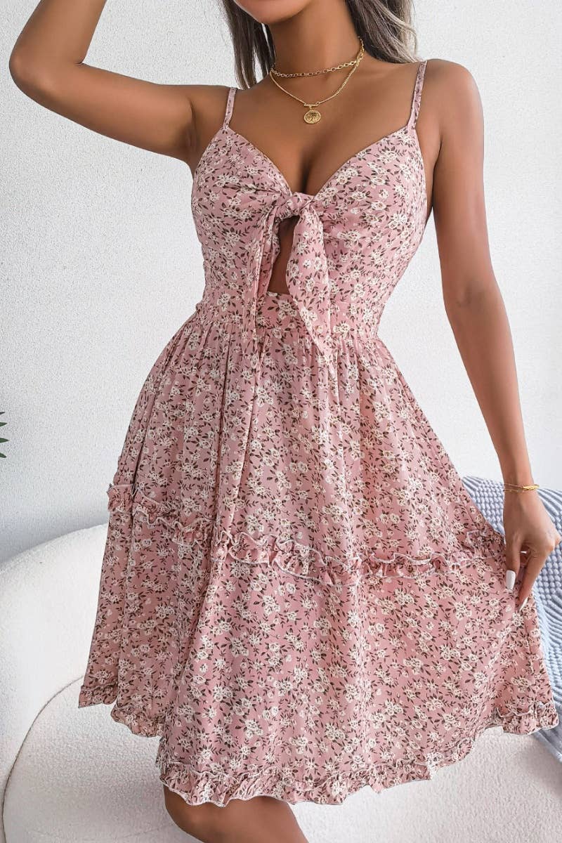 CWDHL0513_V-NECK BOW WOODEN EAR EDGE SWING DRESS SHORT